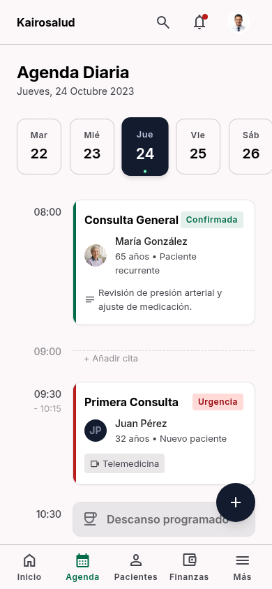 Agenda diaria en el móvil con carrusel de fechas y tarjetas de cita.