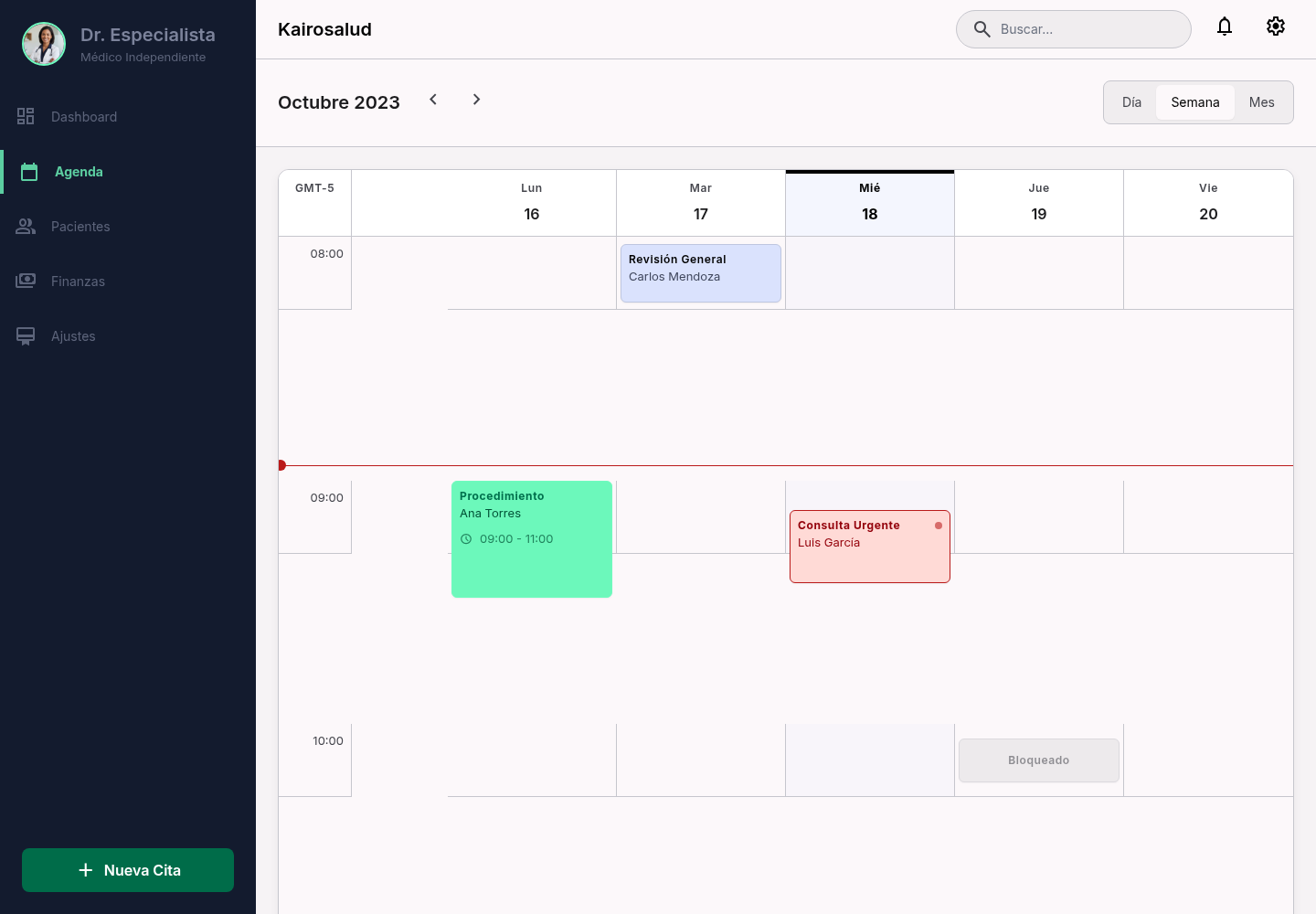 Agenda semanal con citas por colores según su estado y la línea de la hora actual.